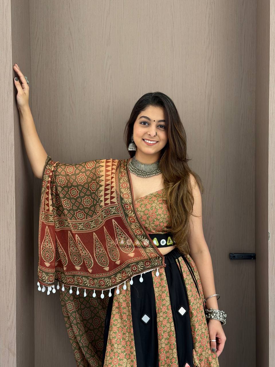 Black & Rust Printed Rayon Mirror Work Navratri Lehenga Choli with Dupatta