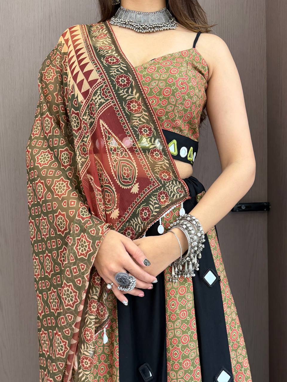 Black & Rust Printed Rayon Mirror Work Navratri Lehenga Choli with Dupatta