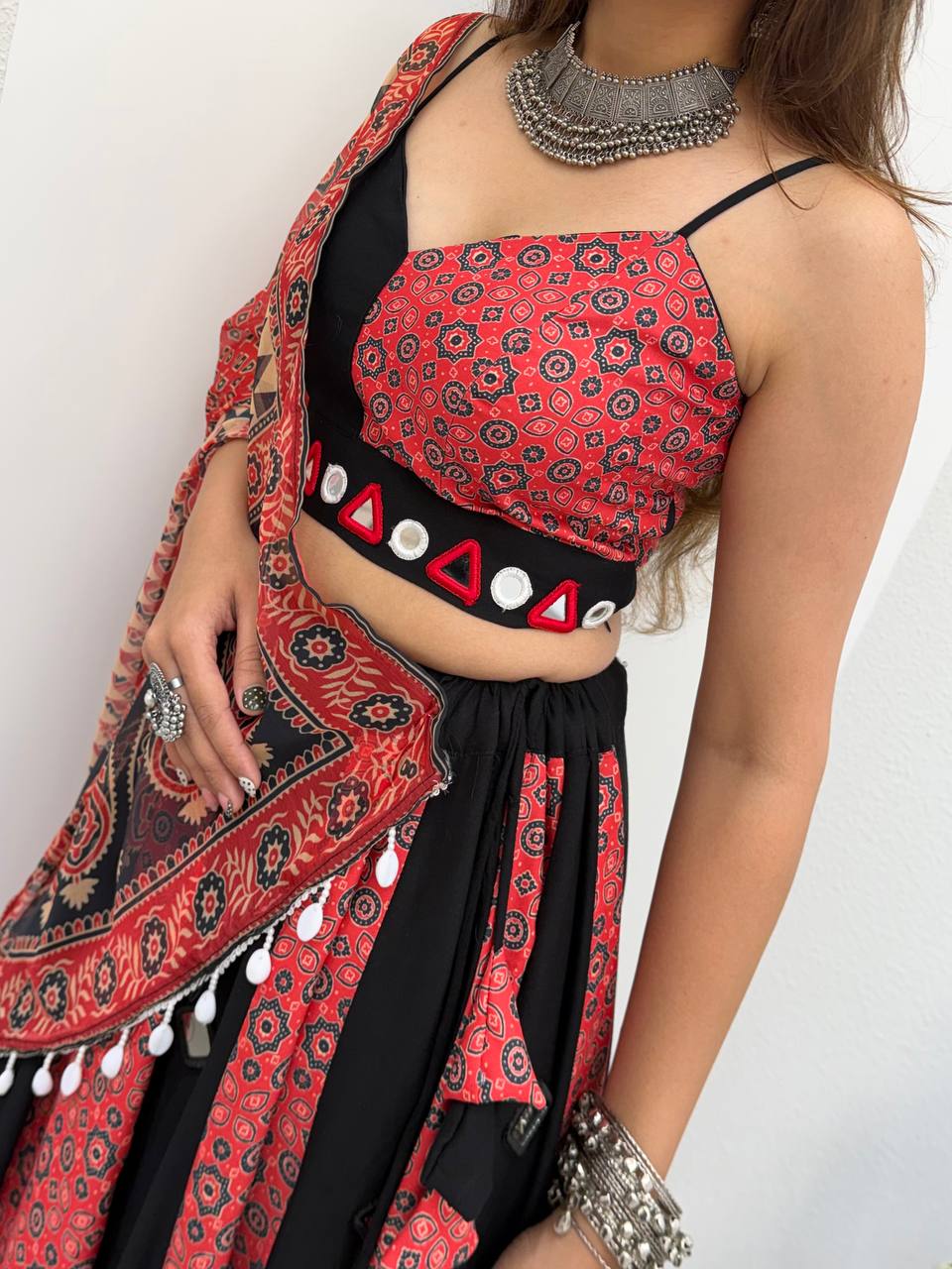 Red & Black Printed Rayon Mirror Work Navratri Lehenga Choli with Dupatta