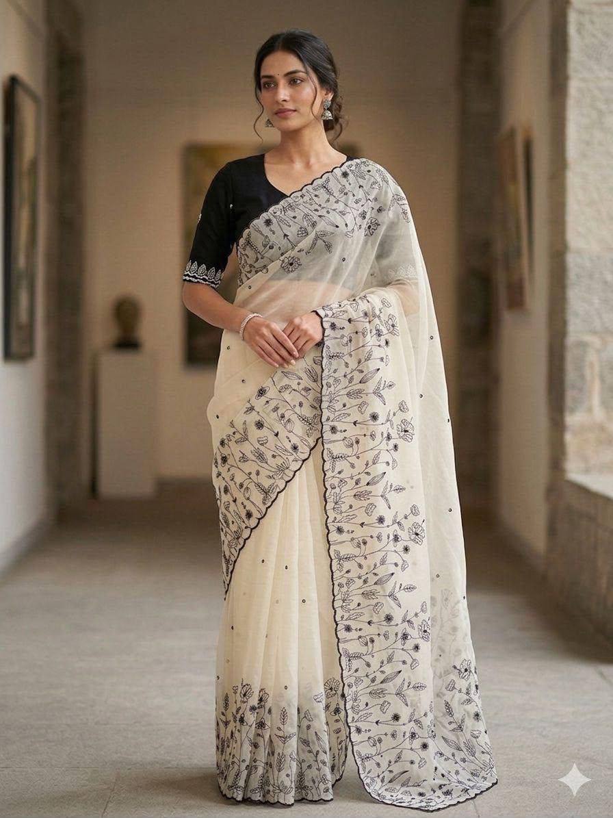 Premium White Star Georgette Saree With Black Floral Embroidery Work With Matching Blouse Piece