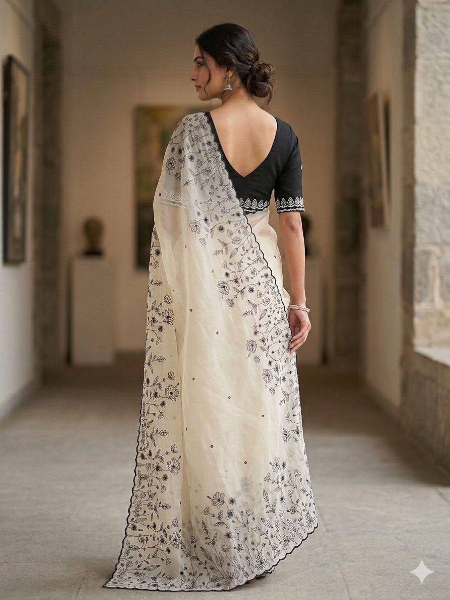 Premium White Star Georgette Saree With Black Floral Embroidery Work With Matching Blouse Piece