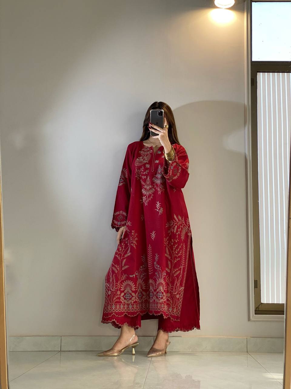 Wine Red Mul Chanderi Embroidered Kurti Palazzo Set with Dupatta