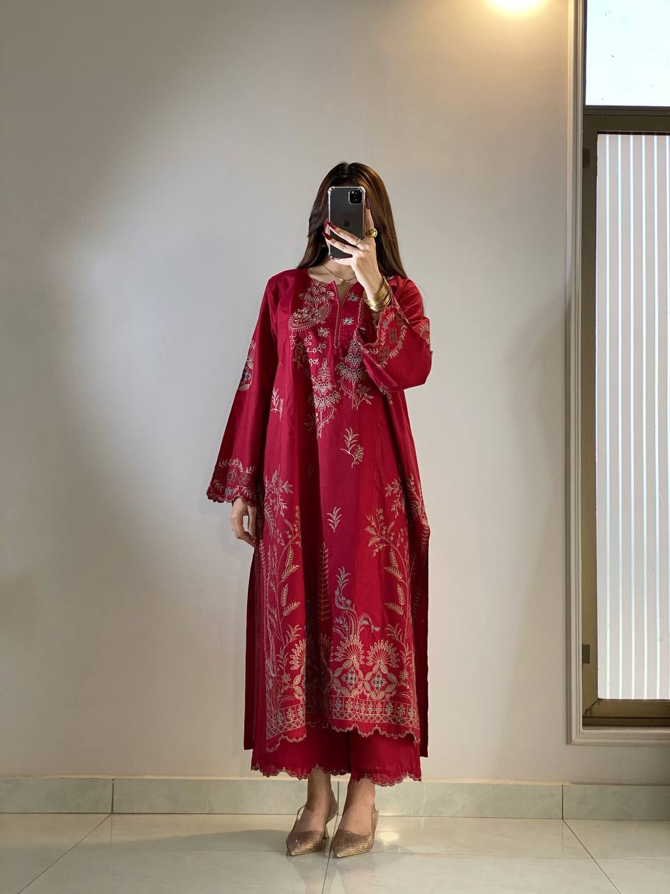Wine Red Mul Chanderi Embroidered Kurti Palazzo Set with Dupatta