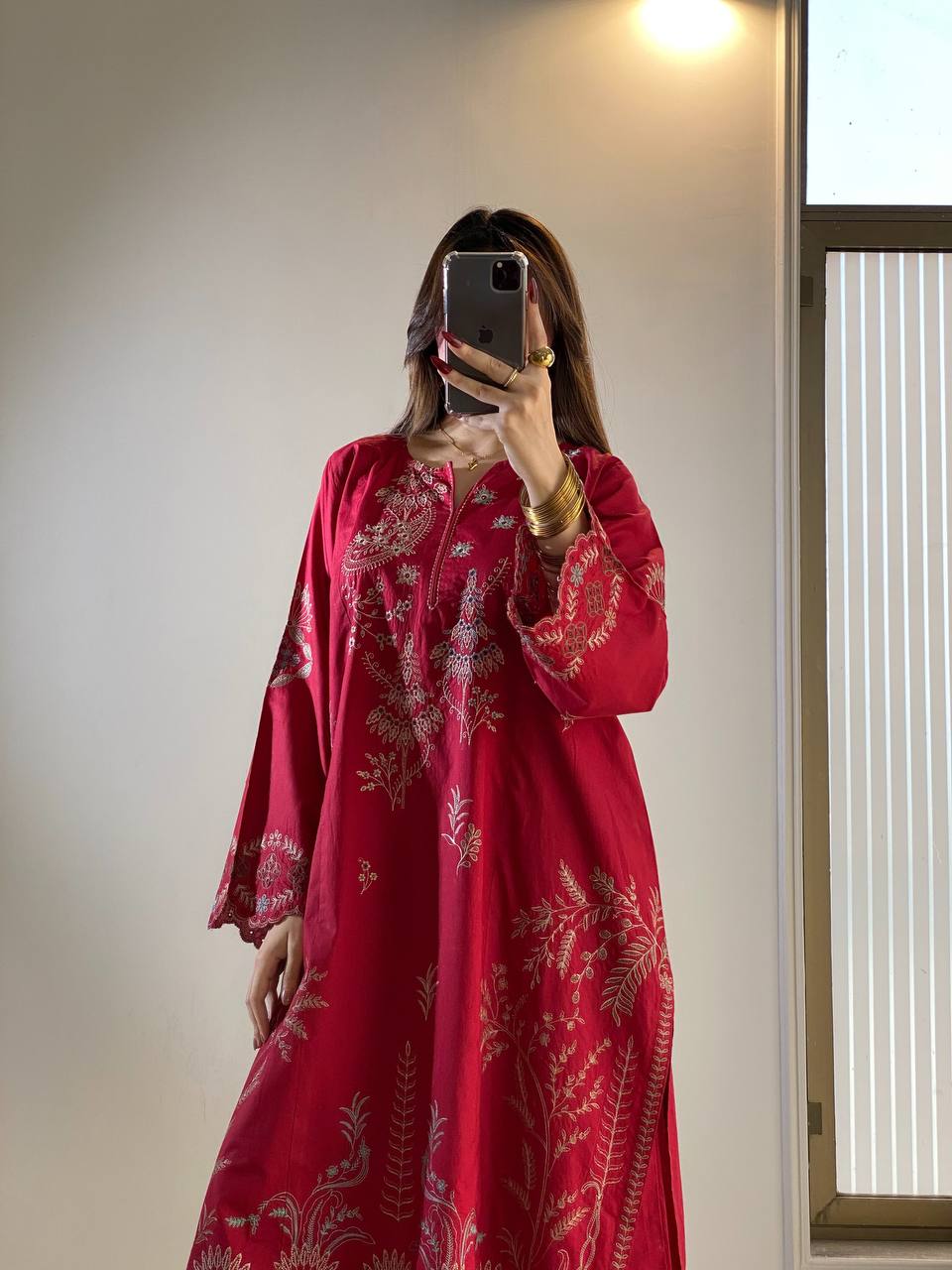 Wine Red Mul Chanderi Embroidered Kurti Palazzo Set with Dupatta