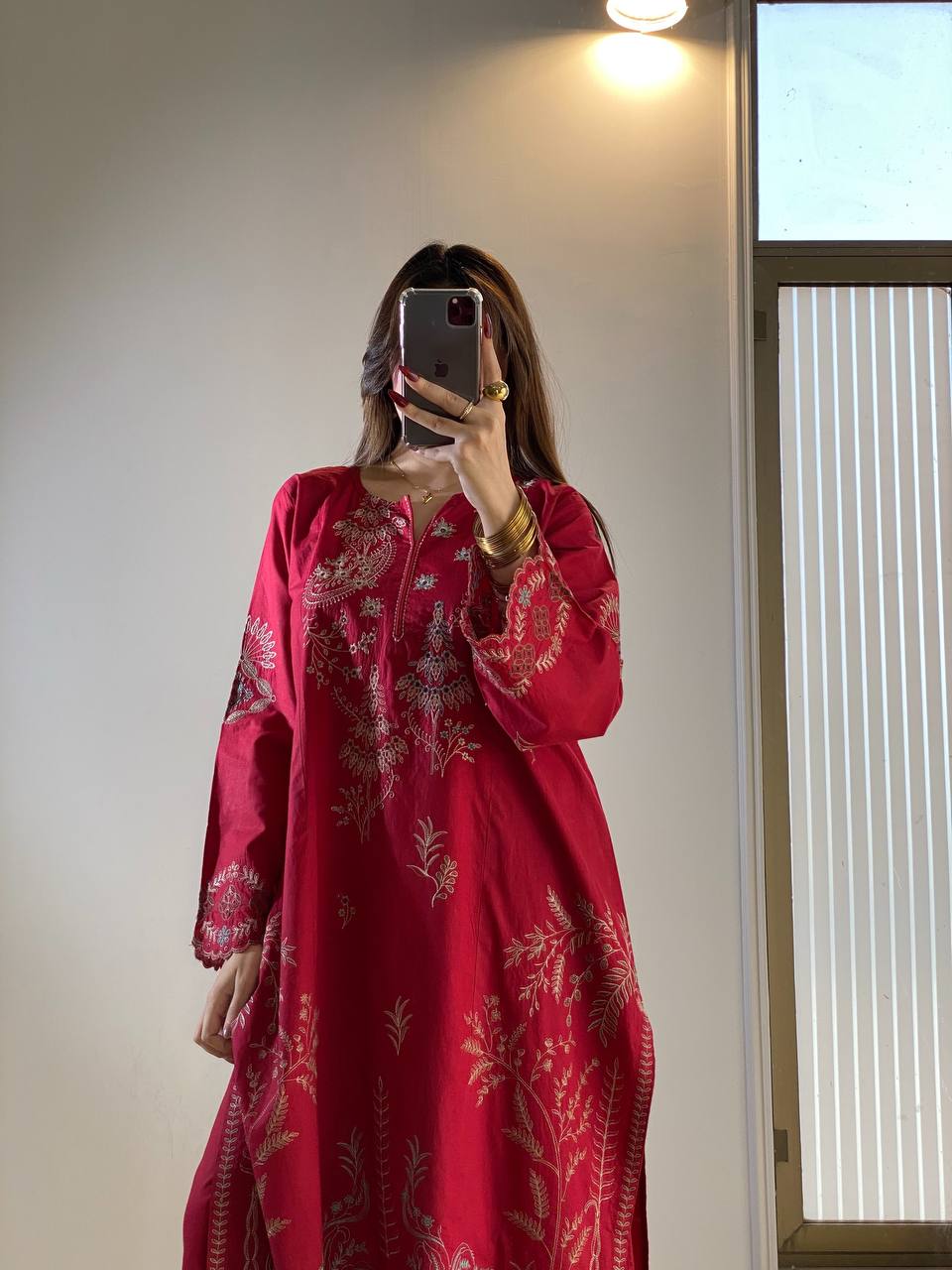 Wine Red Mul Chanderi Embroidered Kurti Palazzo Set with Dupatta