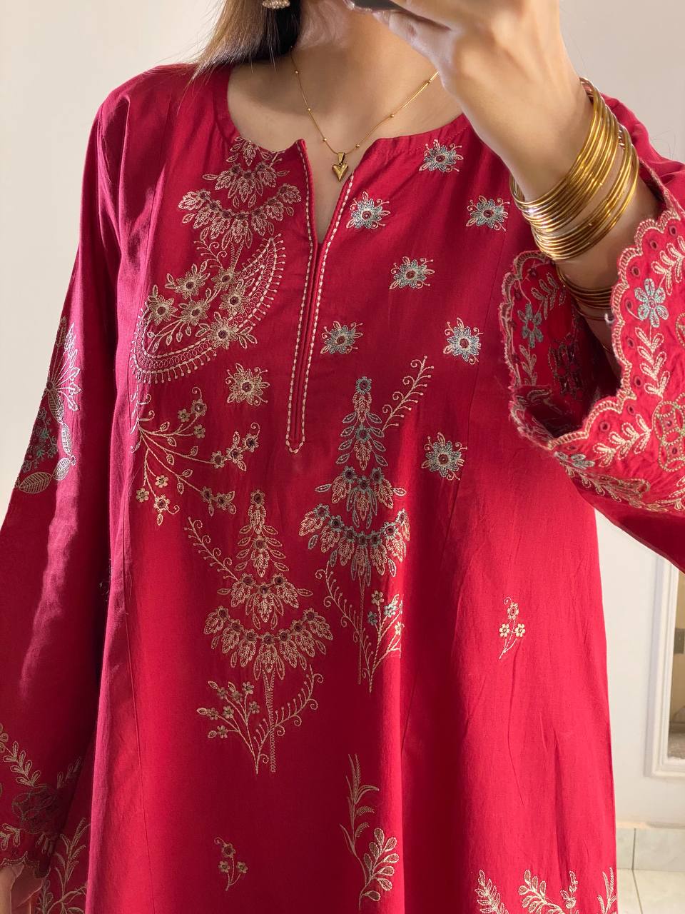 Wine Red Mul Chanderi Embroidered Kurti Palazzo Set with Dupatta