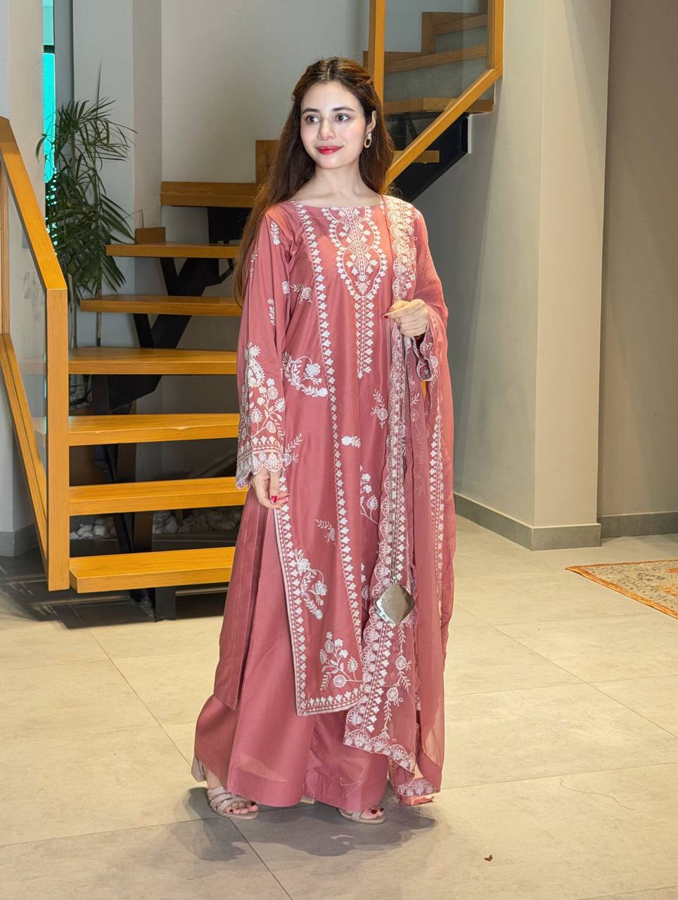 Dusty Rose Pink Mul Chanderi Embroidered Pakistani Kurti Pant Set with Dupatta