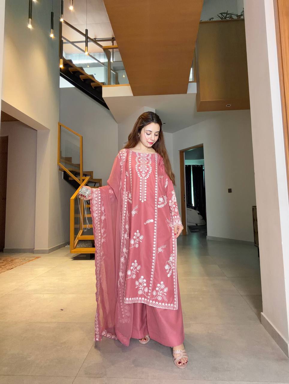 Dusty Rose Pink Mul Chanderi Embroidered Pakistani Kurti Pant Set with Dupatta
