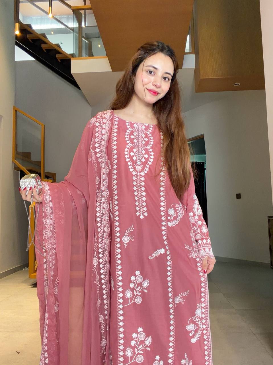 Dusty Rose Pink Mul Chanderi Embroidered Pakistani Kurti Pant Set with Dupatta
