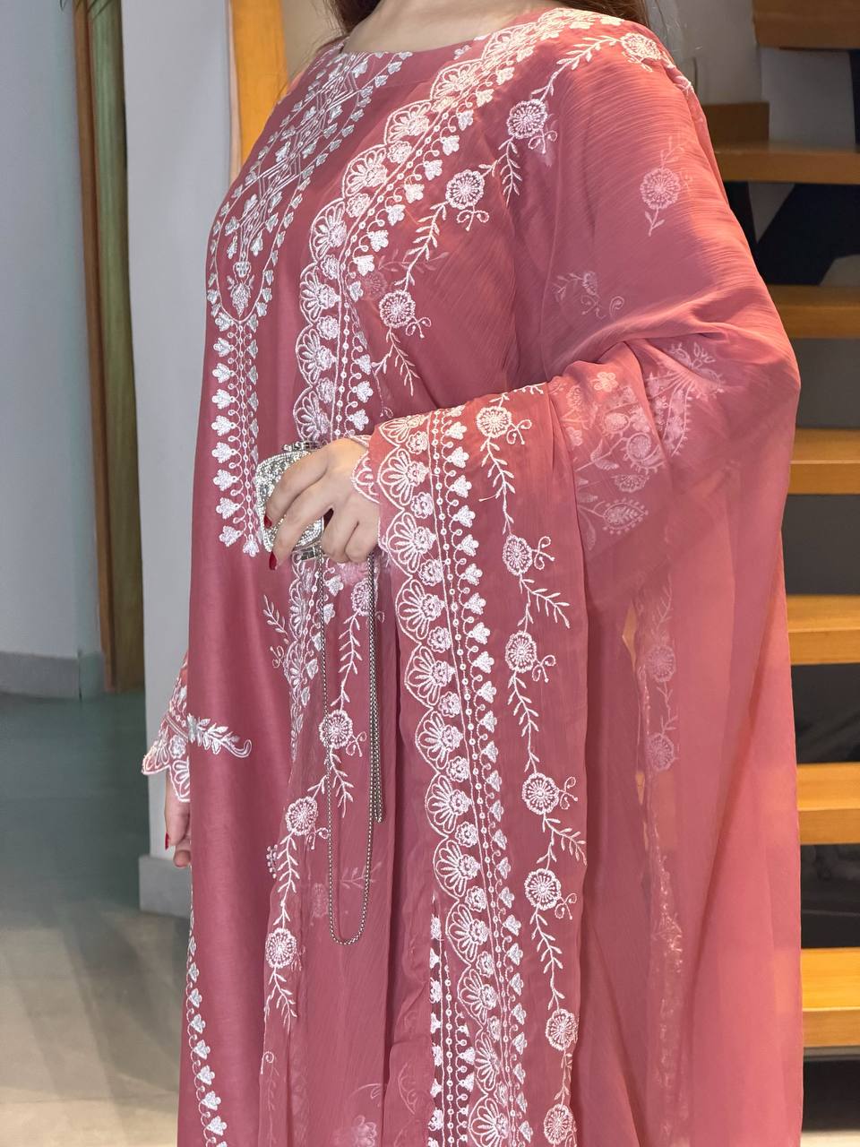 Dusty Rose Pink Mul Chanderi Embroidered Pakistani Kurti Pant Set with Dupatta