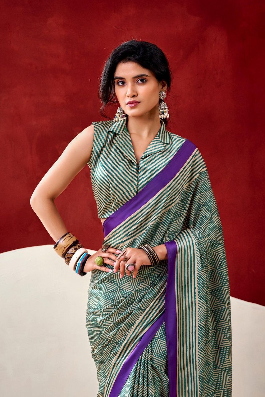 Green & Purple Original Japan Satin Devsena Saree With Elegant Digital Print With Printed Blouse Piece