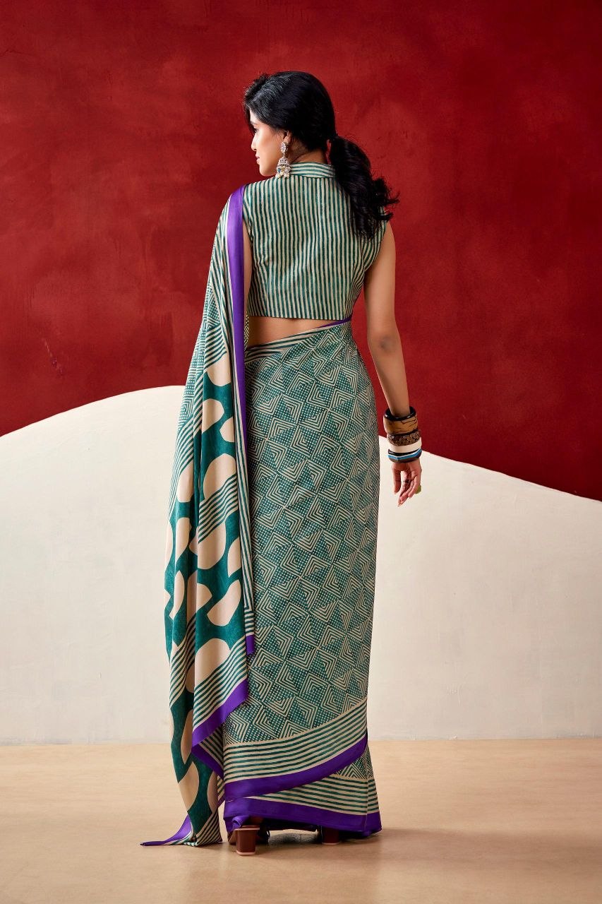 Green & Purple Original Japan Satin Devsena Saree With Elegant Digital Print With Printed Blouse Piece