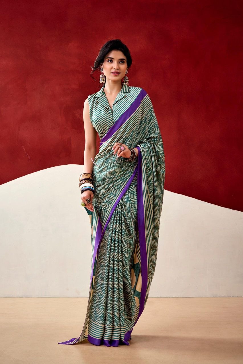 Green & Purple Original Japan Satin Devsena Saree With Elegant Digital Print With Printed Blouse Piece