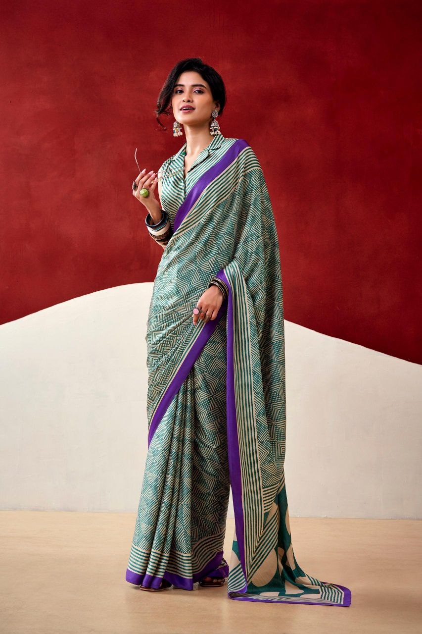 Green & Purple Original Japan Satin Devsena Saree With Elegant Digital Print With Printed Blouse Piece