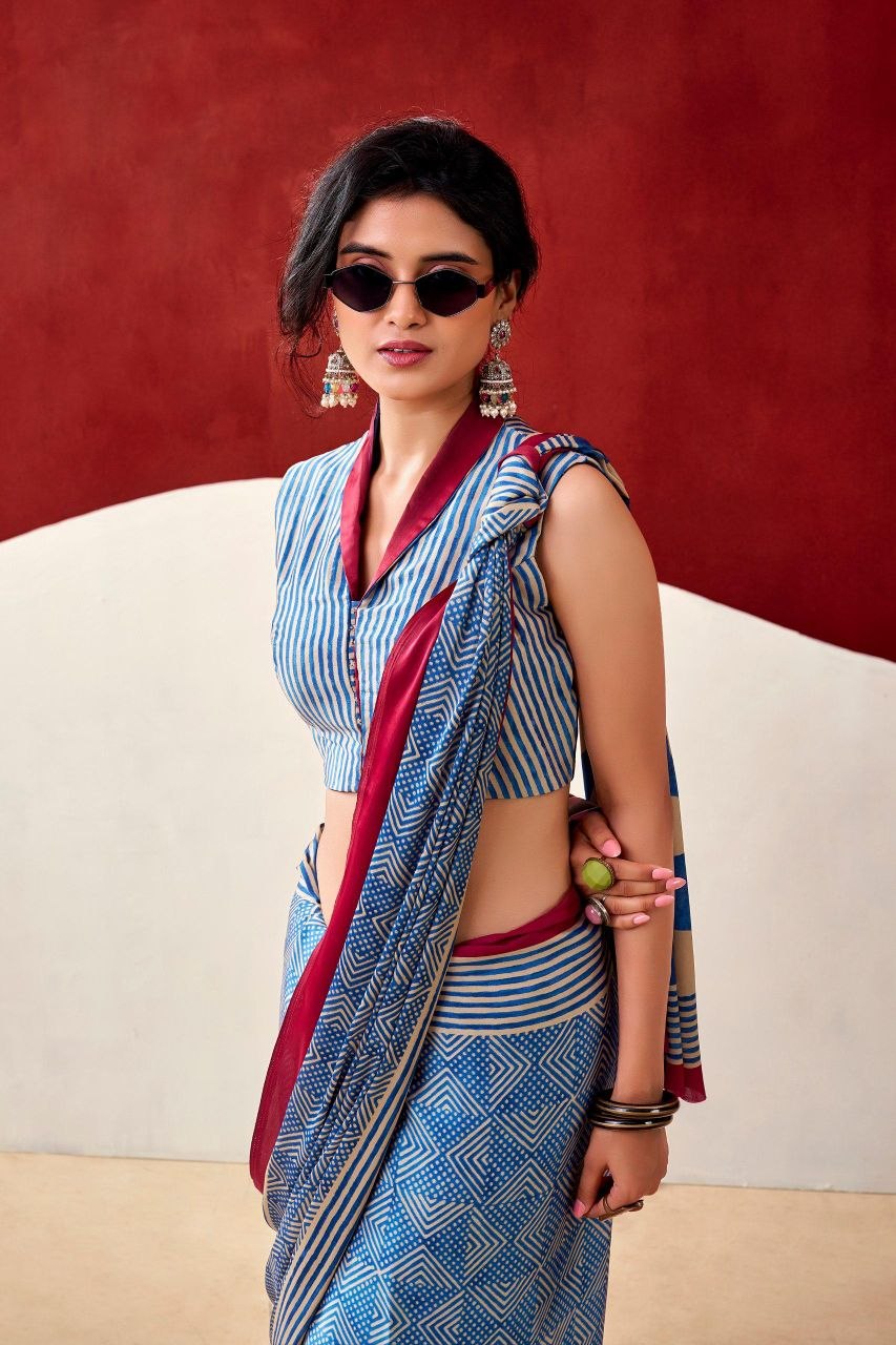 Blue & White Original Japan Satin Devsena Saree With Elegant Geometric Digital Print With Printed Blouse Piece