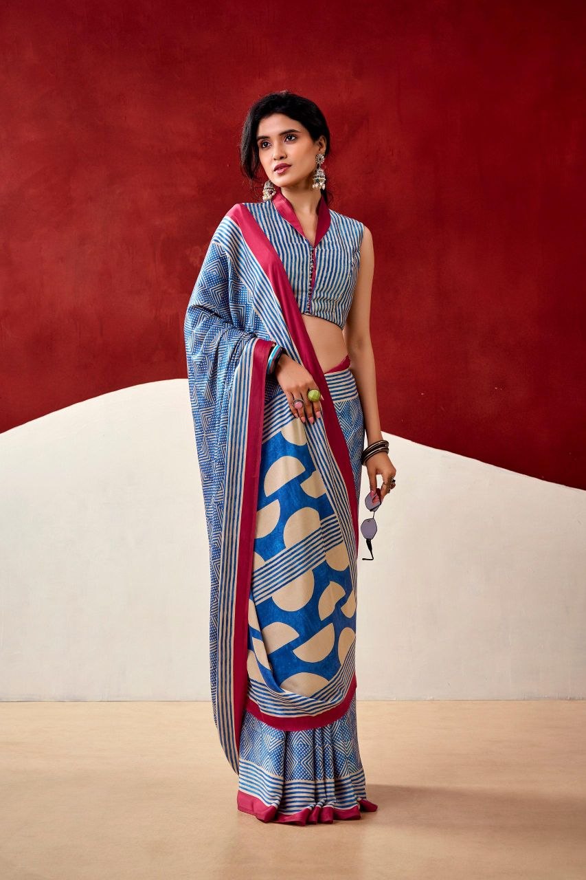 Blue & White Original Japan Satin Devsena Saree With Elegant Geometric Digital Print With Printed Blouse Piece