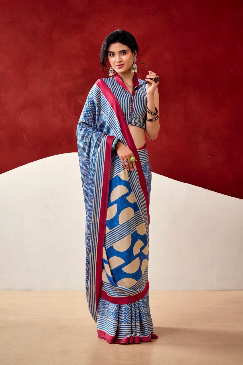 Blue & White Original Japan Satin Devsena Saree With Elegant Geometric Digital Print With Printed Blouse Piece
