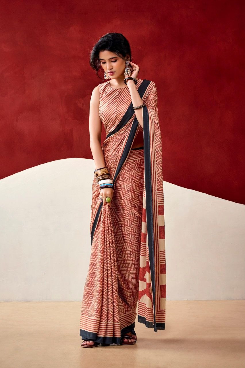 Peach & Rust Original Japan Satin Devsena Saree With Elegant Geometric Digital Print With Printed Blouse Piece