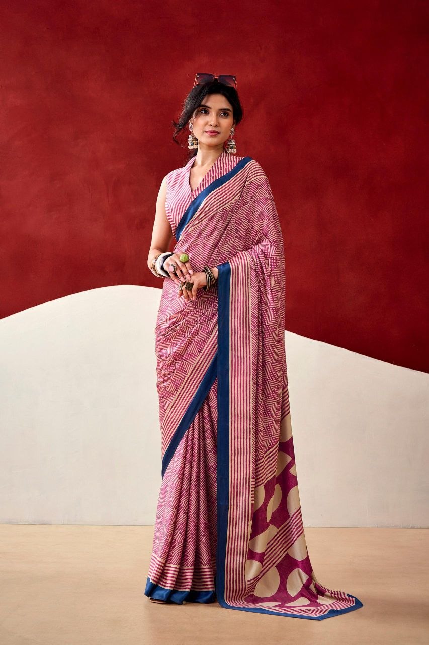 Peach & Rust Original Japan Satin Devsena Saree With Elegant Geometric Digital Print With Printed Blouse Piece