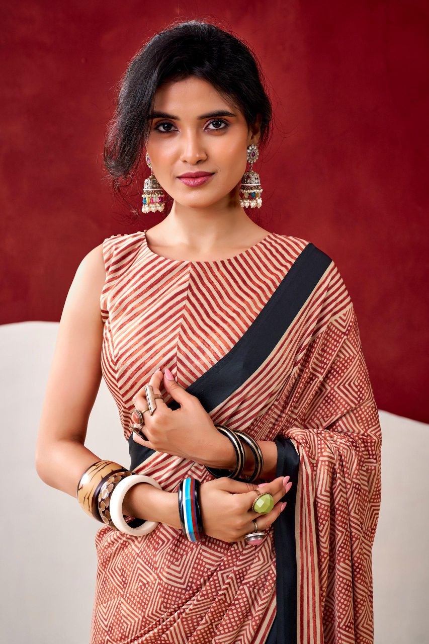 Peach & Rust Original Japan Satin Devsena Saree With Elegant Geometric Digital Print With Printed Blouse Piece