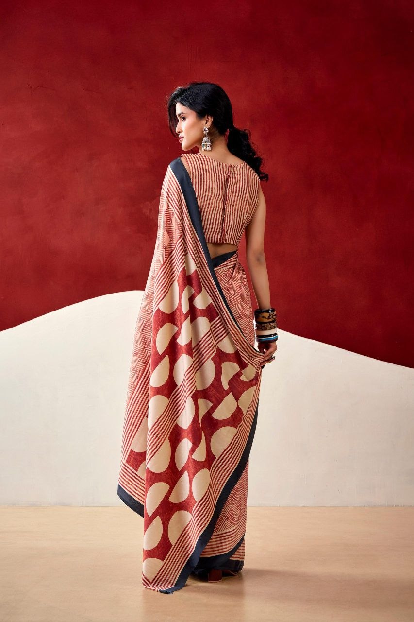 Peach & Rust Original Japan Satin Devsena Saree With Elegant Geometric Digital Print With Printed Blouse Piece
