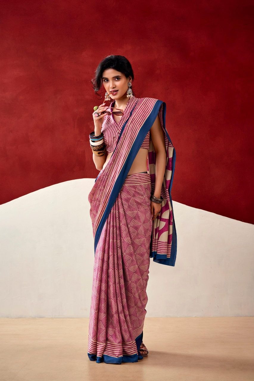 Peach & Rust Original Japan Satin Devsena Saree With Elegant Geometric Digital Print With Printed Blouse Piece