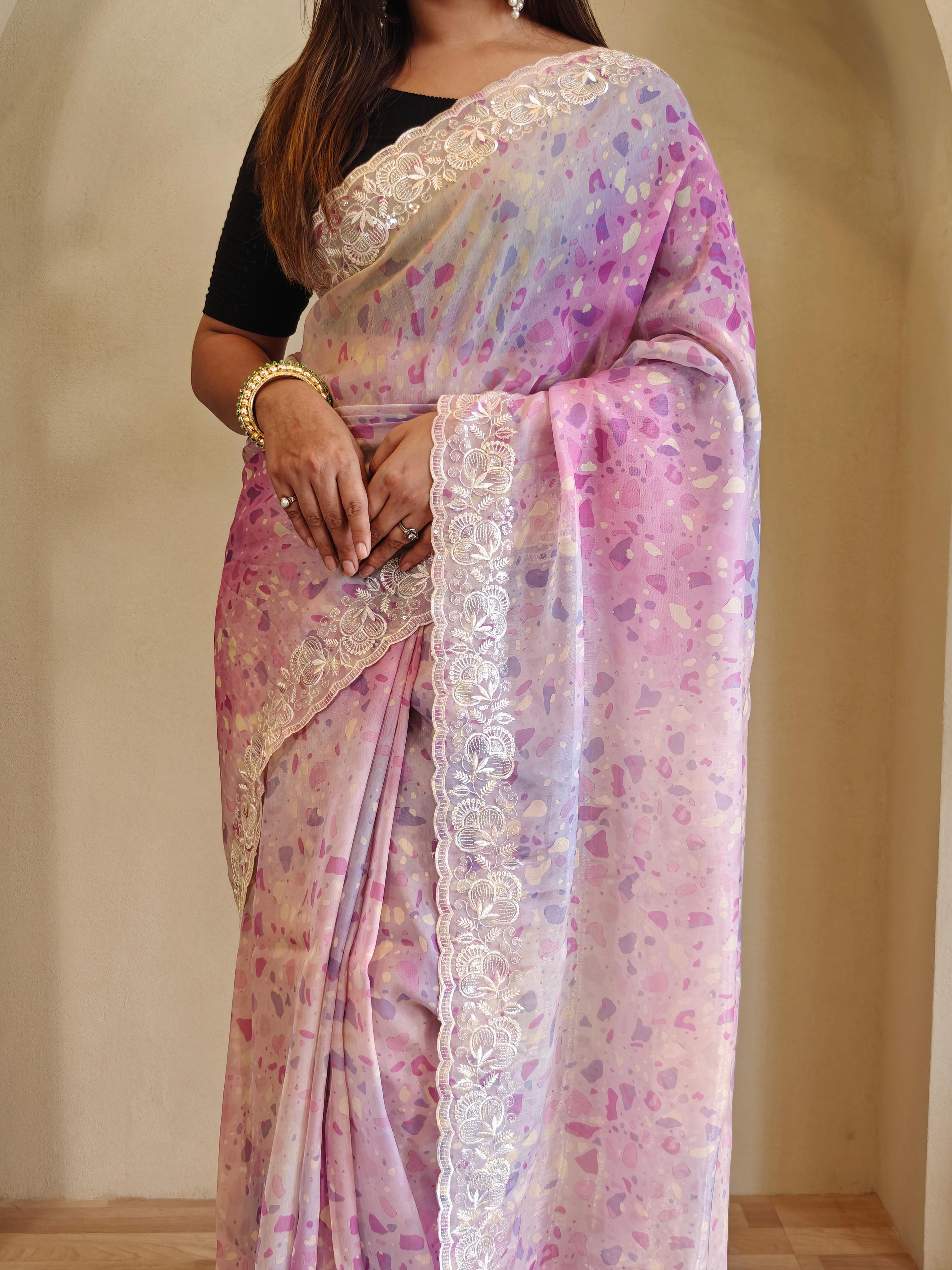 New Designer Hand Crafted Magicgold  Digital Print And Viscose - Sequins Embroideried  Organza Saree With Negative Printed Unstiched Blouse piece - Pink - Purple