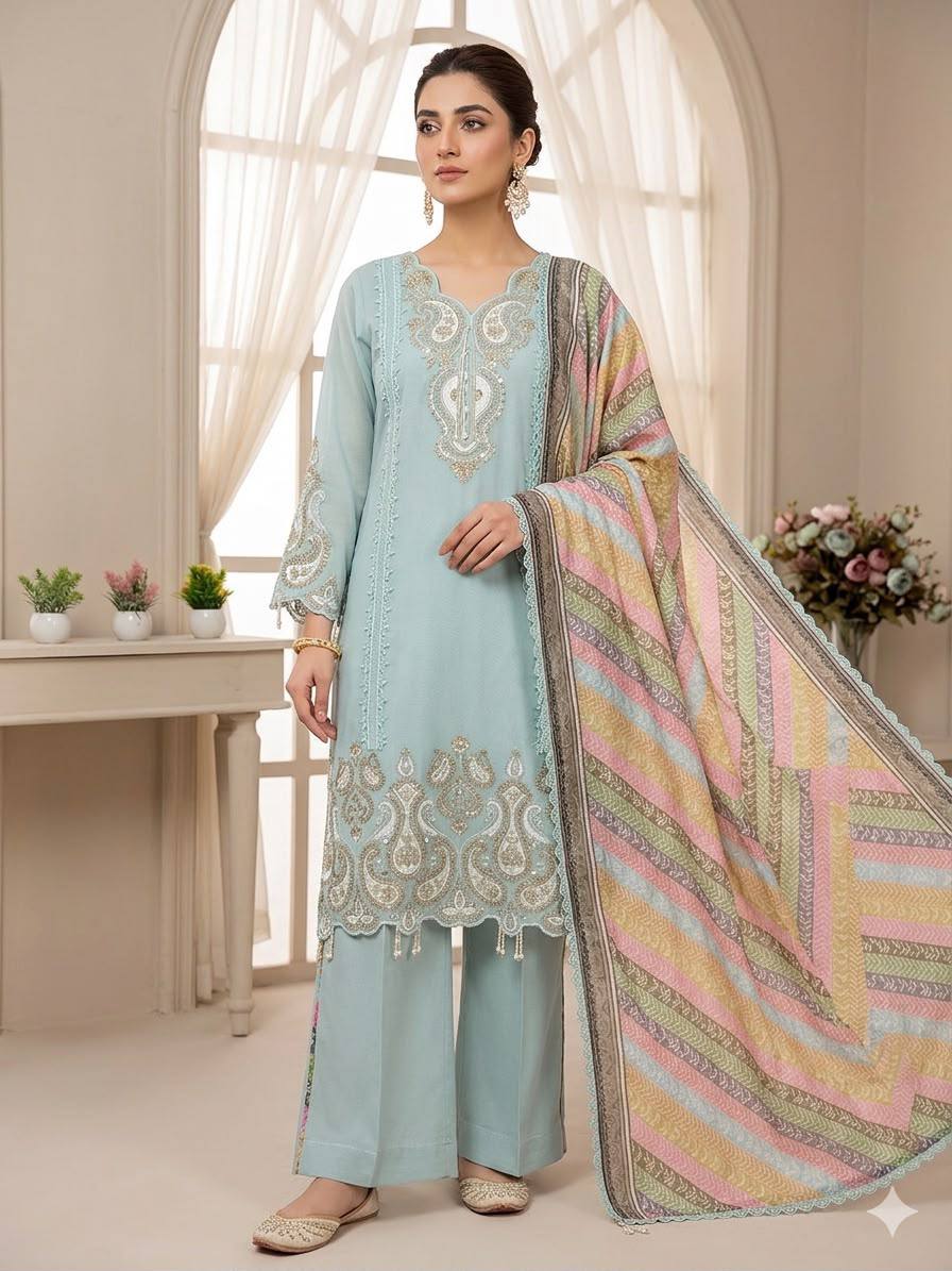 Pastel Blue Star Georgette Embroidered Palazzo Suit Set with Printed Organza Dupatta