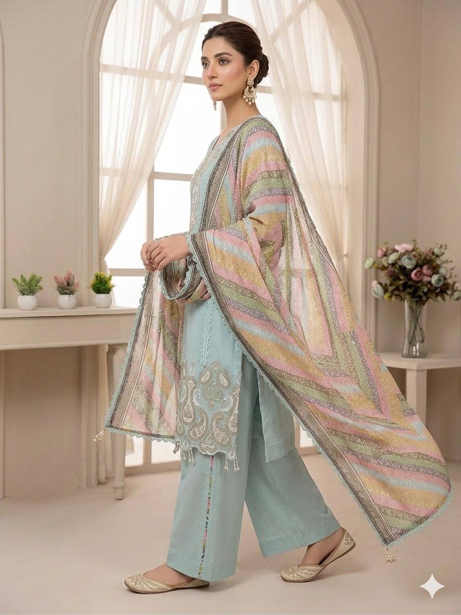 Pastel Blue Star Georgette Embroidered Palazzo Suit Set with Printed Organza Dupatta