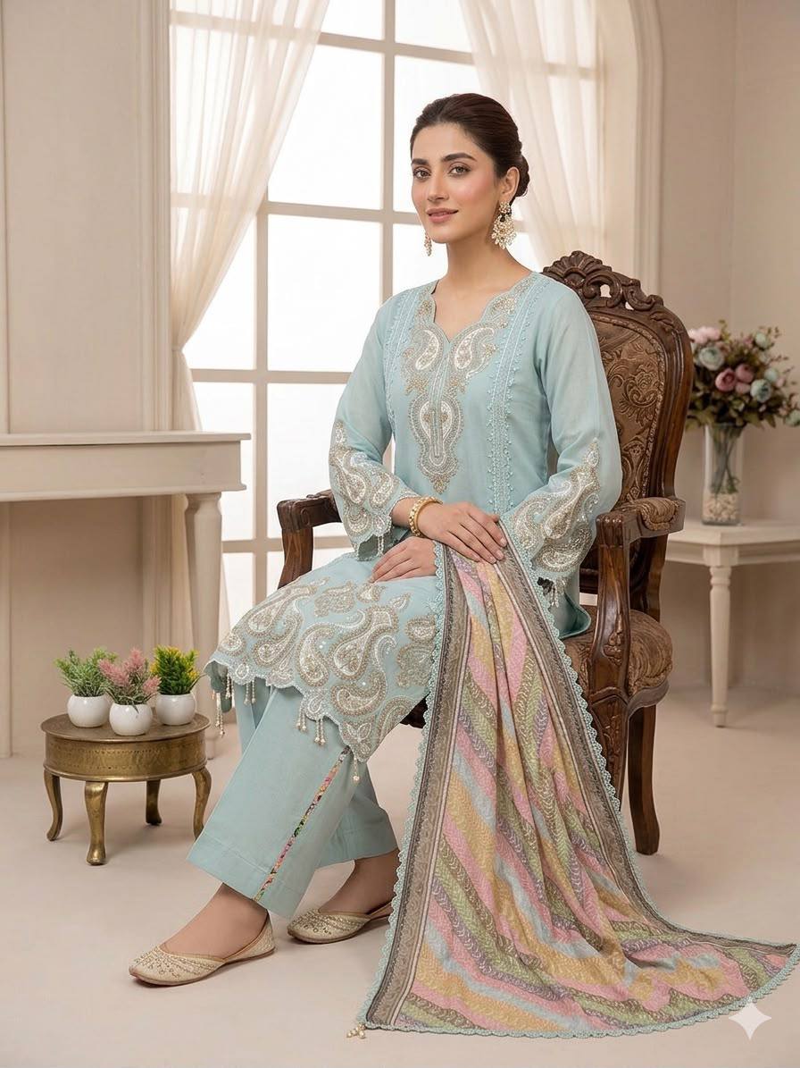 Pastel Blue Star Georgette Embroidered Palazzo Suit Set with Printed Organza Dupatta