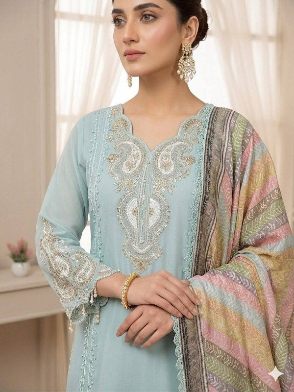 Pastel Blue Star Georgette Embroidered Palazzo Suit Set with Printed Organza Dupatta
