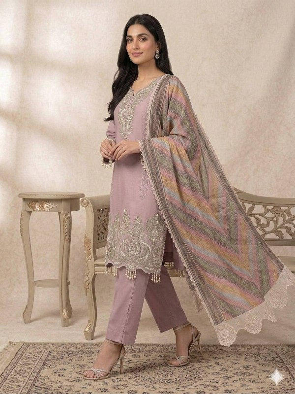 Mauve Star Georgette Sequence Embroidered Palazzo Suit Set with Printed Organza Dupatta