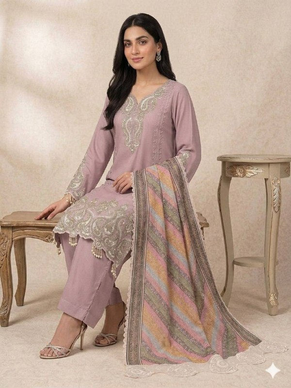 Mauve Star Georgette Sequence Embroidered Palazzo Suit Set with Printed Organza Dupatta