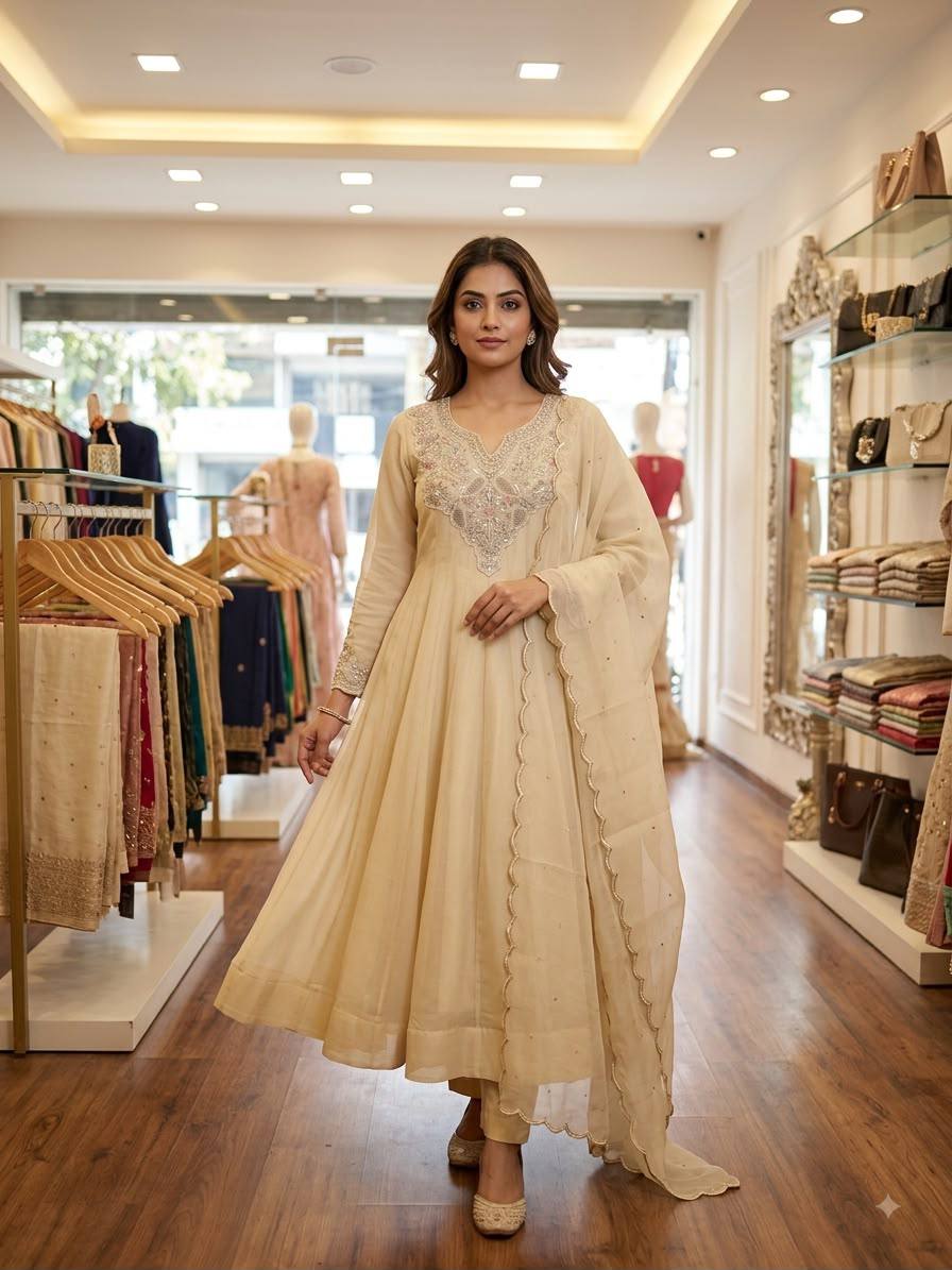 Ivory Coss Moss Anarkali Gown with Sequence Embroidery & Cording Work | Pant & Dupatta Set
