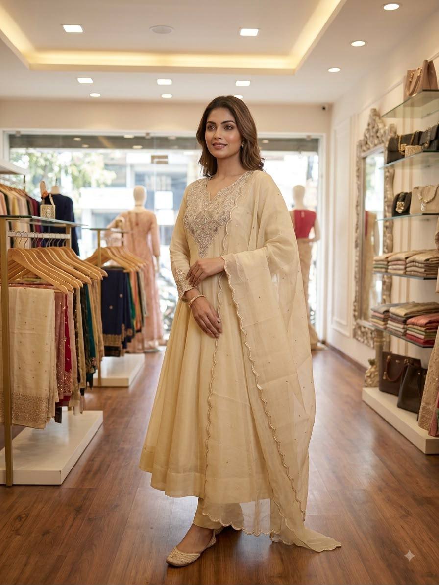 Ivory Coss Moss Anarkali Gown with Sequence Embroidery & Cording Work | Pant & Dupatta Set