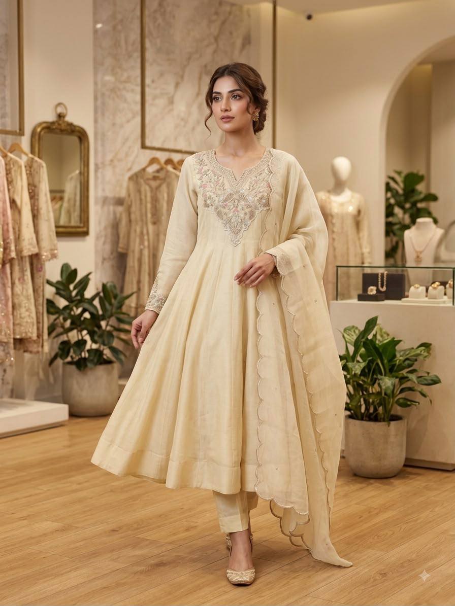 Ivory Coss Moss Anarkali Gown with Sequence Embroidery & Cording Work | Pant & Dupatta Set