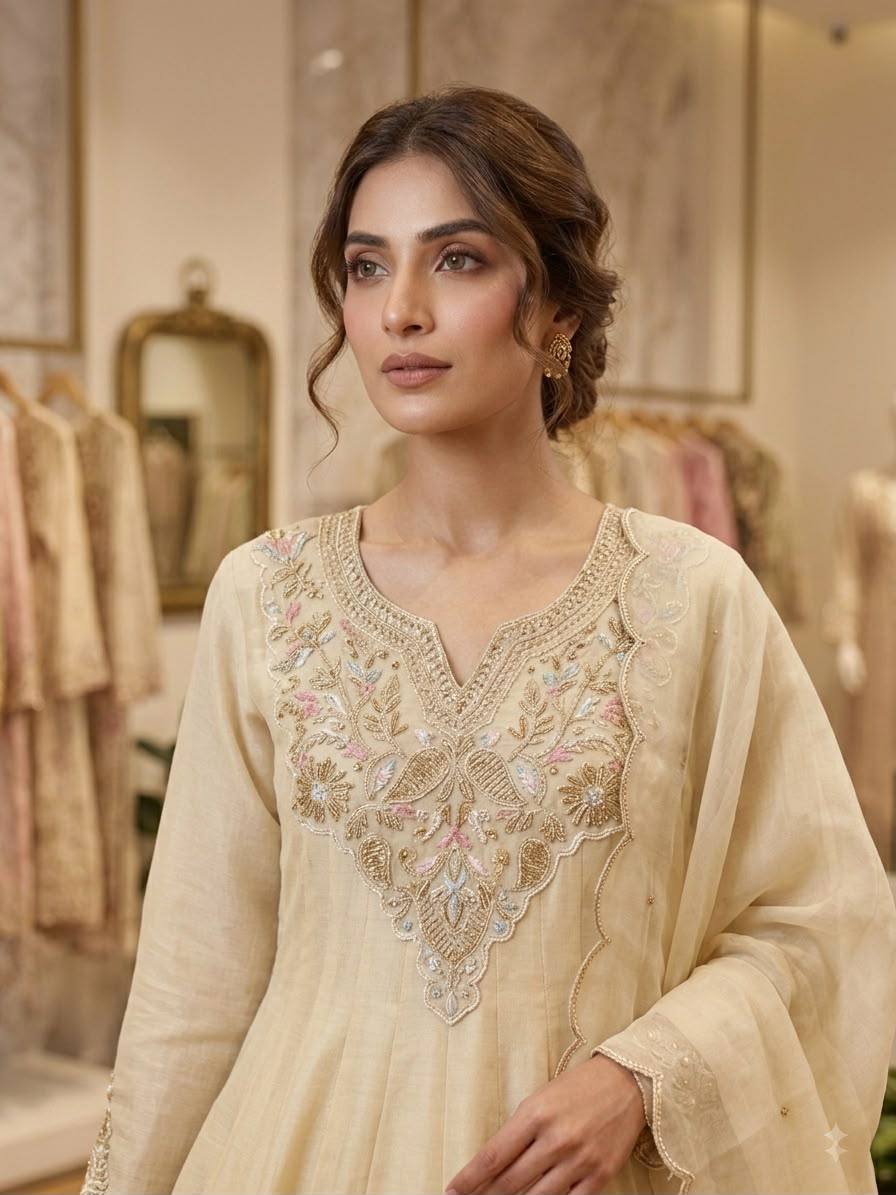 Ivory Coss Moss Anarkali Gown with Sequence Embroidery & Cording Work | Pant & Dupatta Set