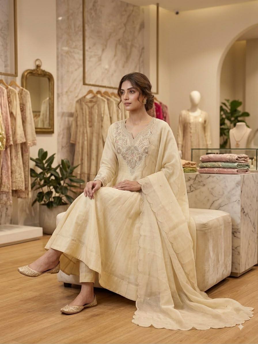 Ivory Coss Moss Anarkali Gown with Sequence Embroidery & Cording Work | Pant & Dupatta Set