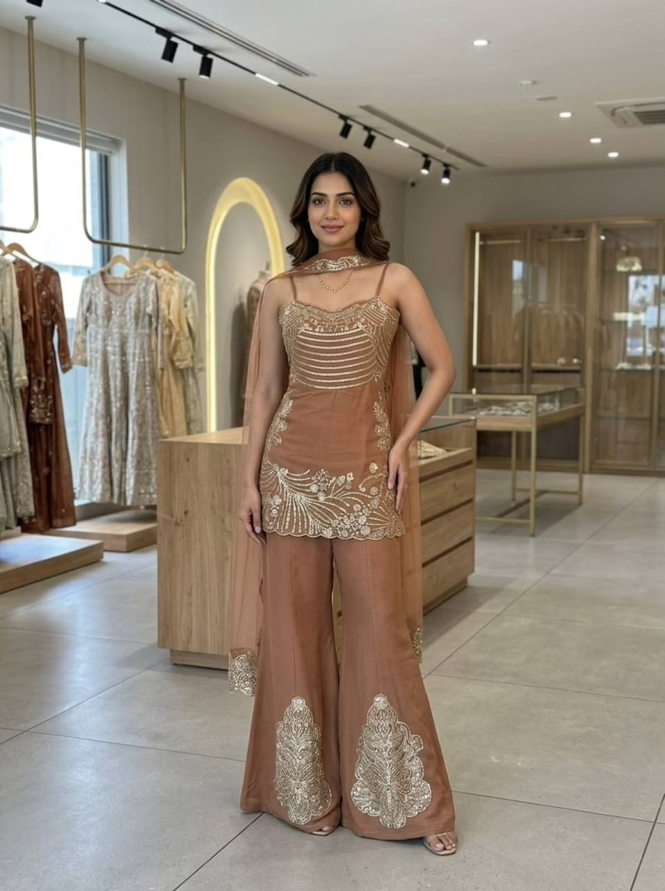 Brown Coss Moss Top Palazzo Set with Sequence Embroidery & Jarkan Work | Festive 3-Piece Ethnic Wear