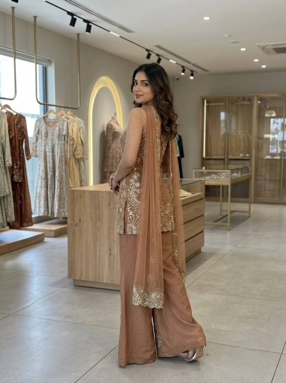 Brown Coss Moss Top Palazzo Set with Sequence Embroidery & Jarkan Work | Festive 3-Piece Ethnic Wear