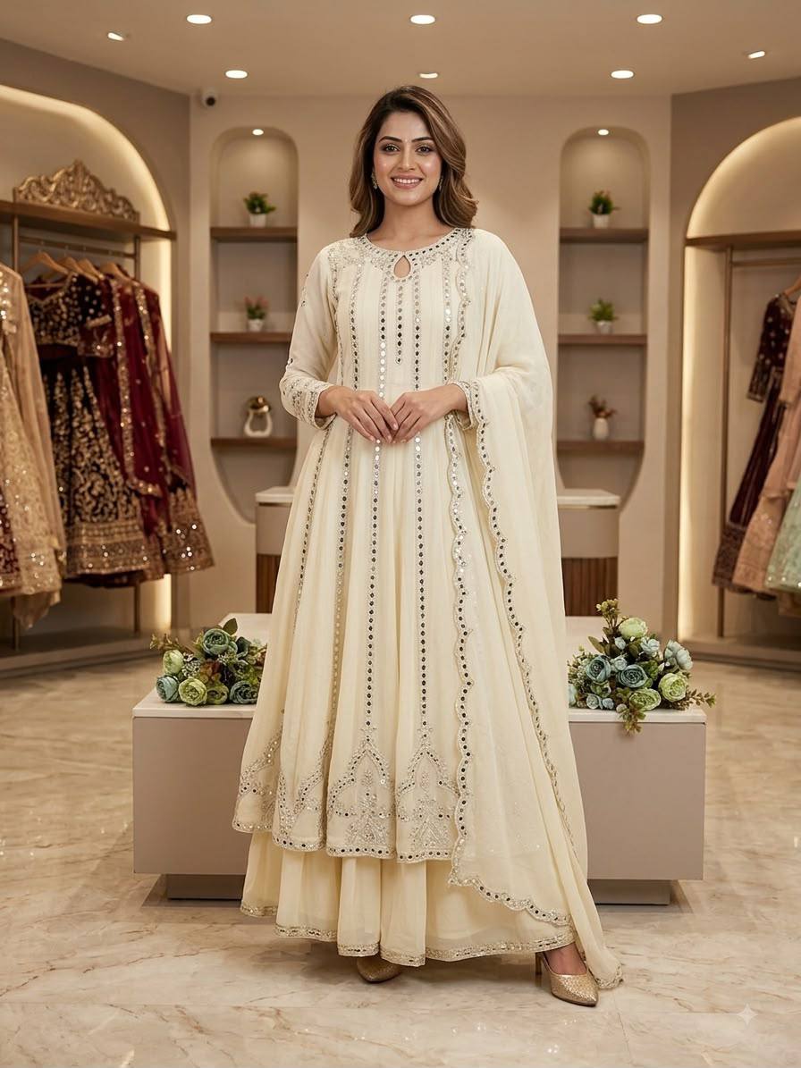 Ivory Georgette Gown Lehenga Set | Sequence Embroidery & Real Mirror Work | Premium 3-Piece Ethnic Festive Wear