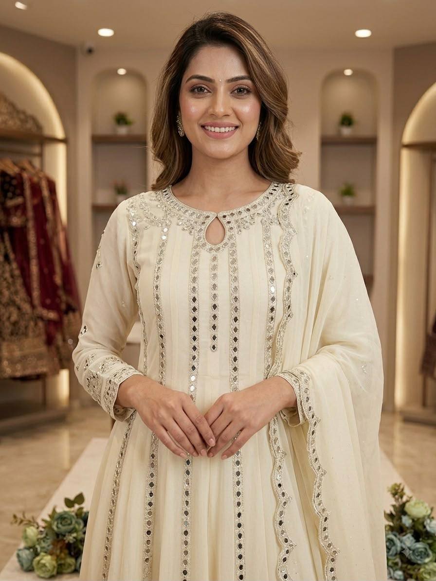 Ivory Georgette Gown Lehenga Set | Sequence Embroidery & Real Mirror Work | Premium 3-Piece Ethnic Festive Wear