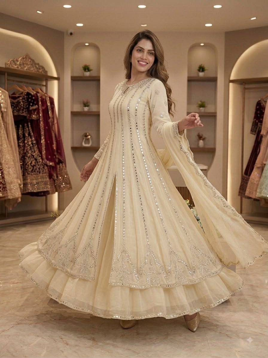 Ivory Georgette Gown Lehenga Set | Sequence Embroidery & Real Mirror Work | Premium 3-Piece Ethnic Festive Wear