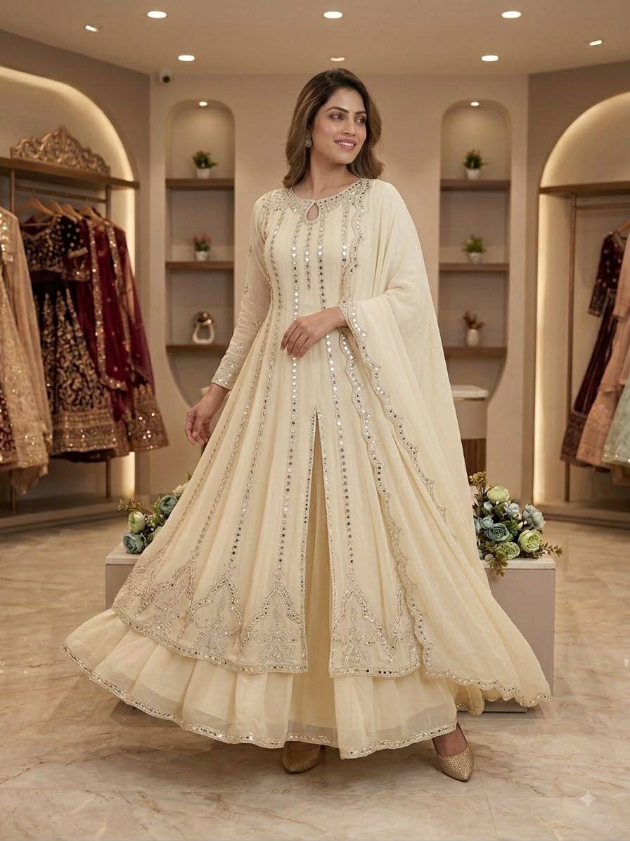 Ivory Georgette Gown Lehenga Set | Sequence Embroidery & Real Mirror Work | Premium 3-Piece Ethnic Festive Wear