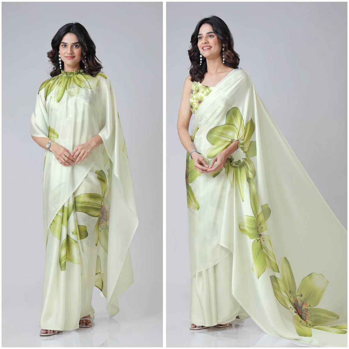 New One Minute Ready To Wear  Heavy Crepe Silk  Free Hand Saree With Digital Print With Running Crepe Silk Unstiched Blouse Piece - Olive Green