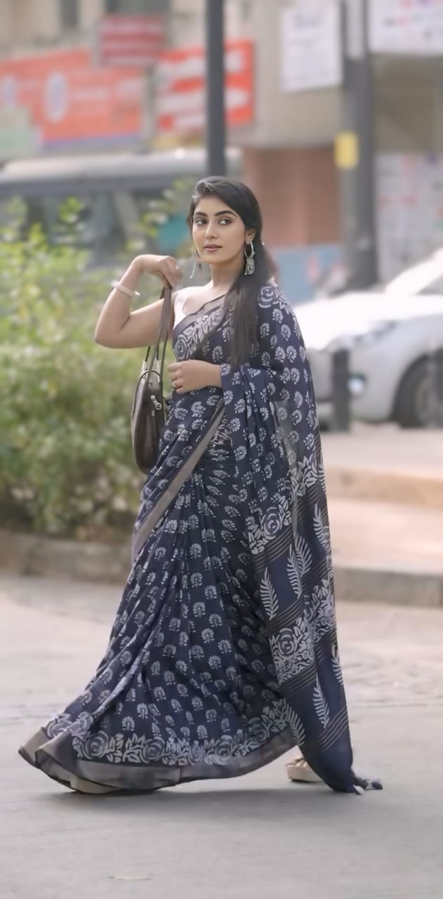 New One Minute Ready To Wear Dark Blue Pure Soft Linen Silk Saree With White Unstiched Blouse Piece