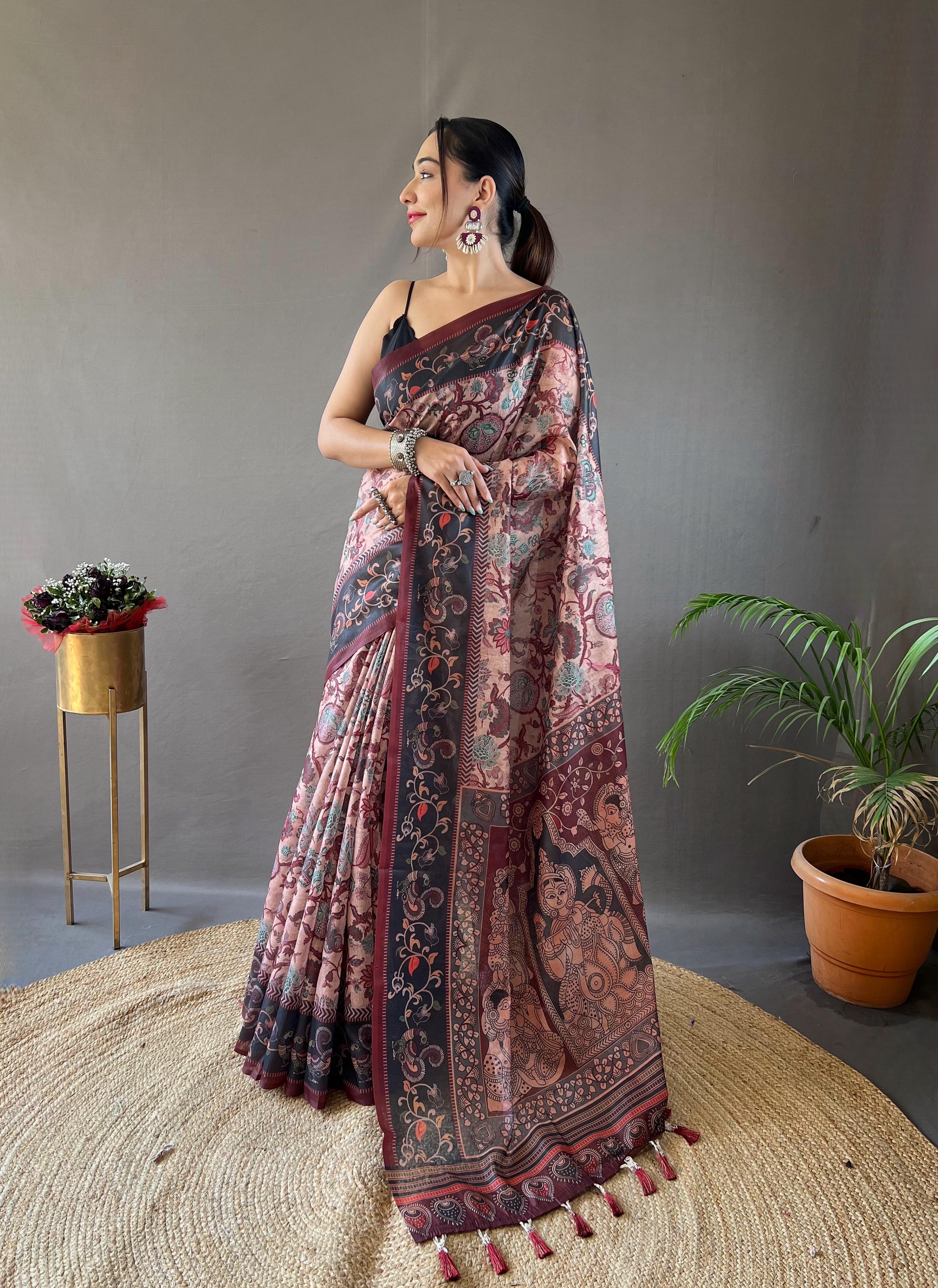 New Designer Soft Cotton Saree With Hand Picked Kalamkari Prints With Contrast Unstiched Blouse Piece - Pastel Orange