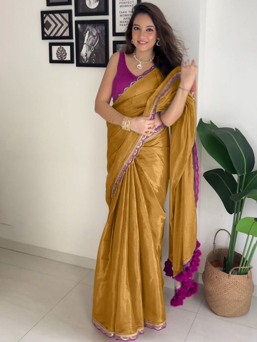 New designer Pure Errode Silk Gold Saree With Beautiful Dark Purple Embroidery Lace Border With Same Modeling Embroidery Sequence Lace Border Blouse Piece