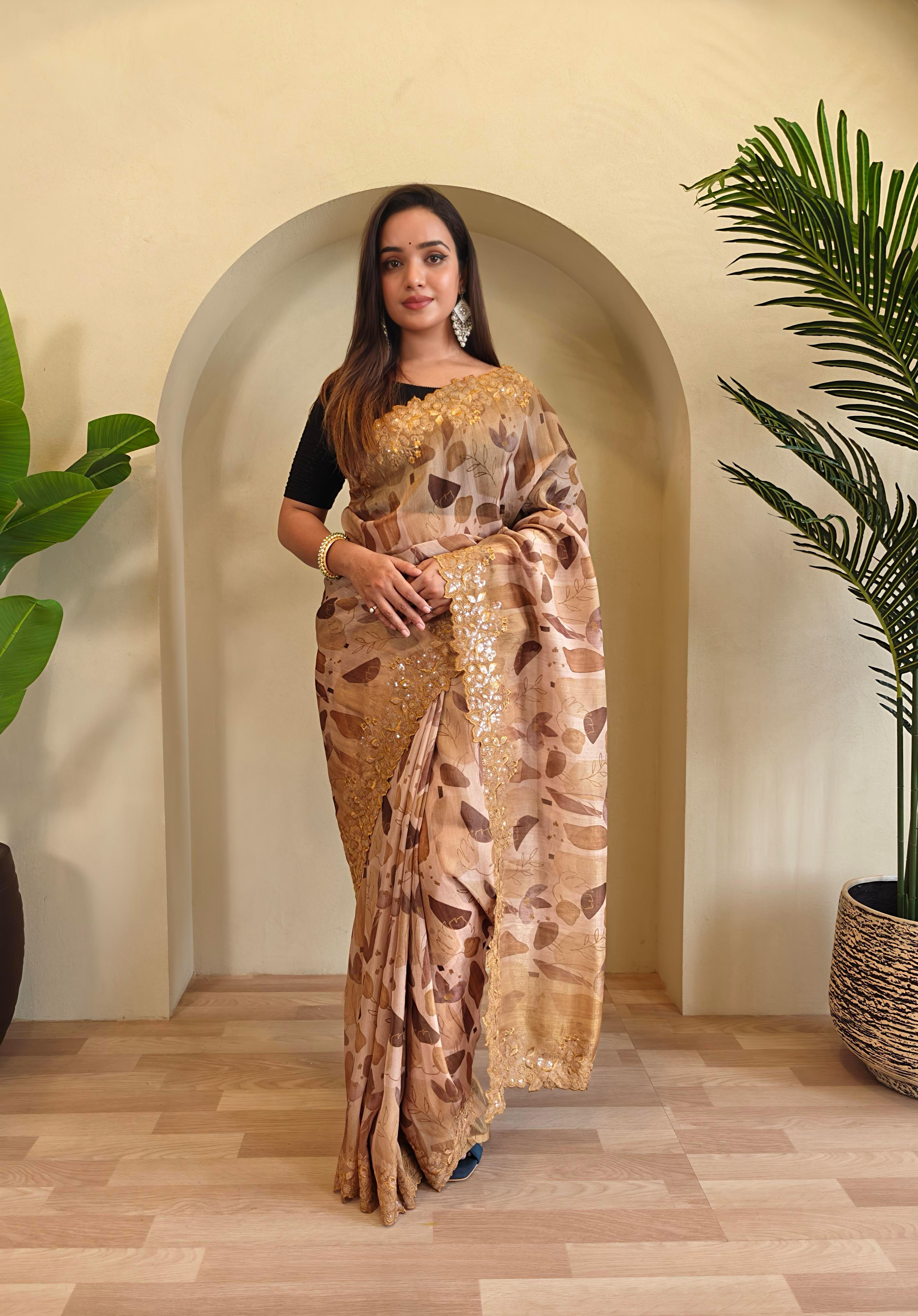 New Designer Hand Crafted Magicgold  Digital Print And Viscose - Sequins Embroideried  Organza Saree With Negative Printed Unstiched Blouse piece - Brown