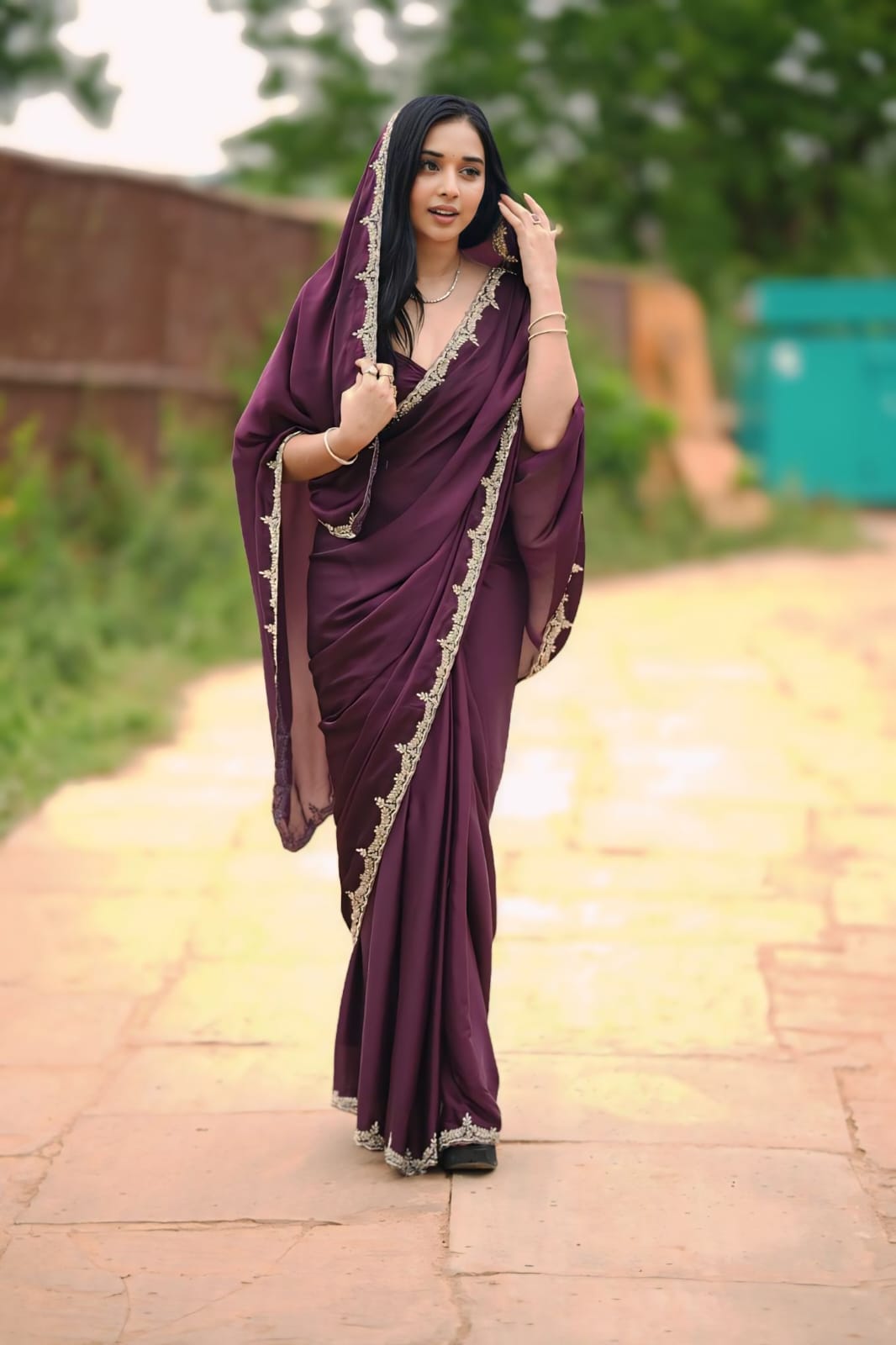 One Minute Ready To Wear Mystical Grape Enchanted Purple Saree with Stitch Blouse